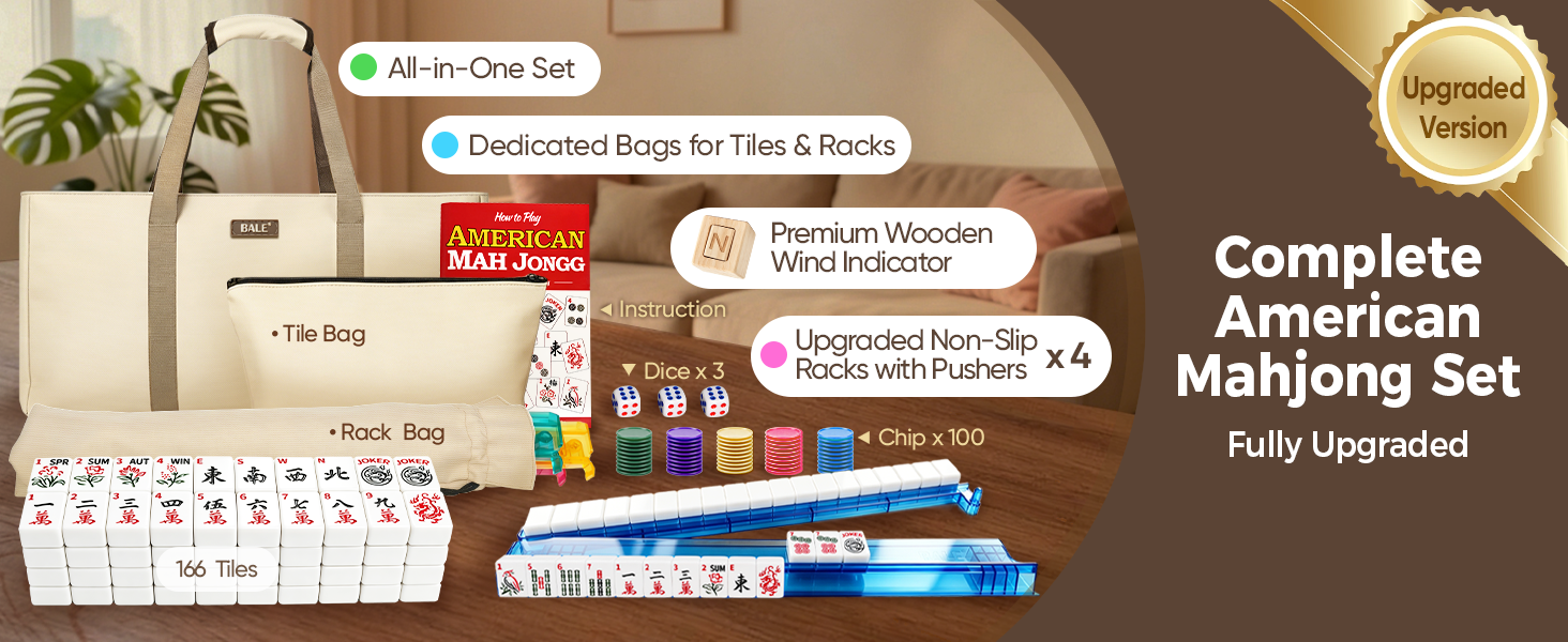 full american mahjong set 166 engraved tile acrylic rack pusher 100 chip 3 dice wind indicator bag