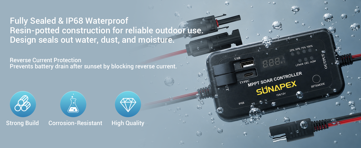 SUNAPEX 12V 15A MPPT Solar Charge Controller All Weather Waterproof