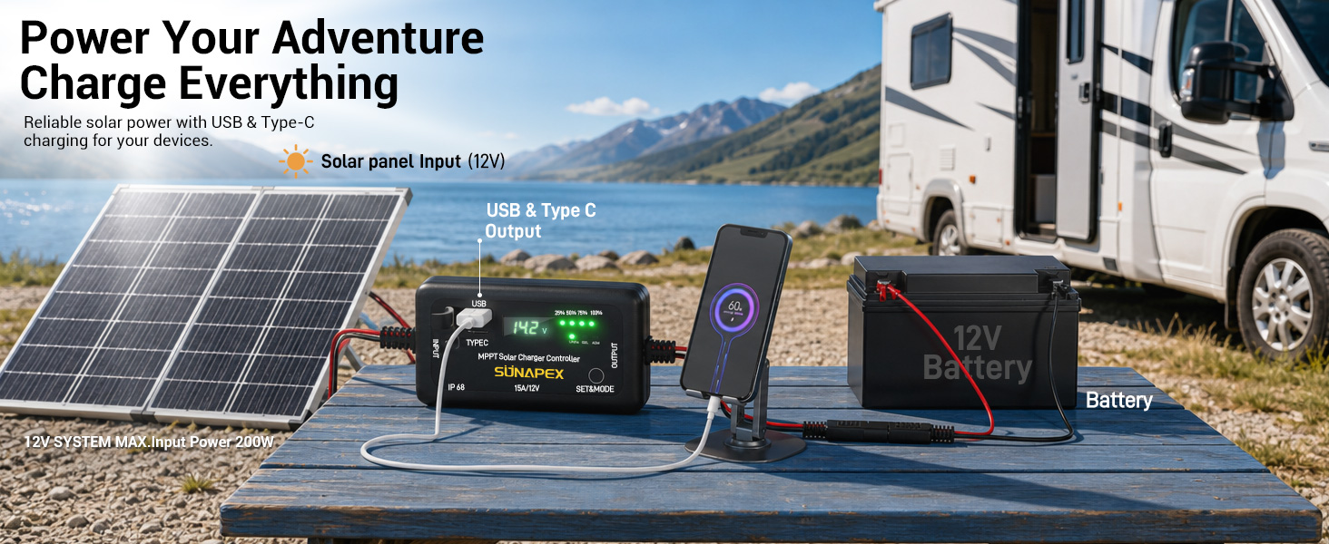 SUNAPEX 12V 15A MPPT Solar Charge Controller All Weather Waterproof
