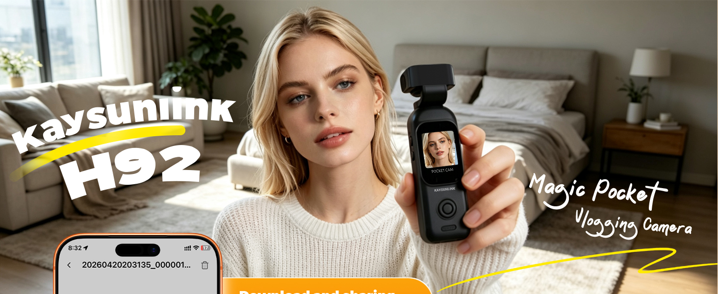 Text reads "navesulinmk", "H92", "Nayo Pocket", "$29 nayo". Woman holding black compact portable device/gadget with product branding and pricing displayed.