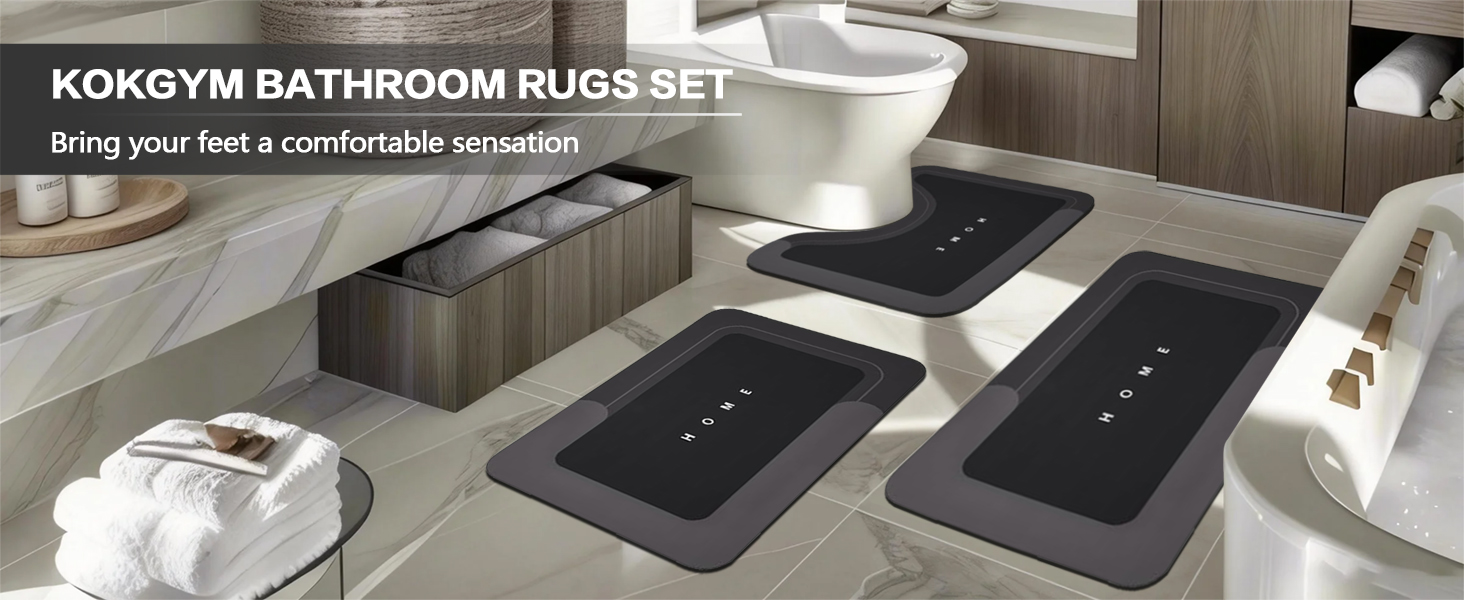 Black bath rug set, including large, medium, and U-shaped toilet mats, displayed in modern bathroom