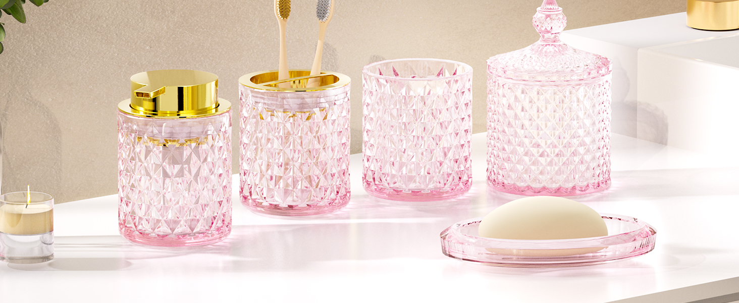 Pink Glass Bathroom Accessories Set