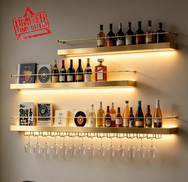 39.7IN Wall Mounted Wine Rack with LED Lights(Gold)                                                          3 tier industrial-style metal bottle rack