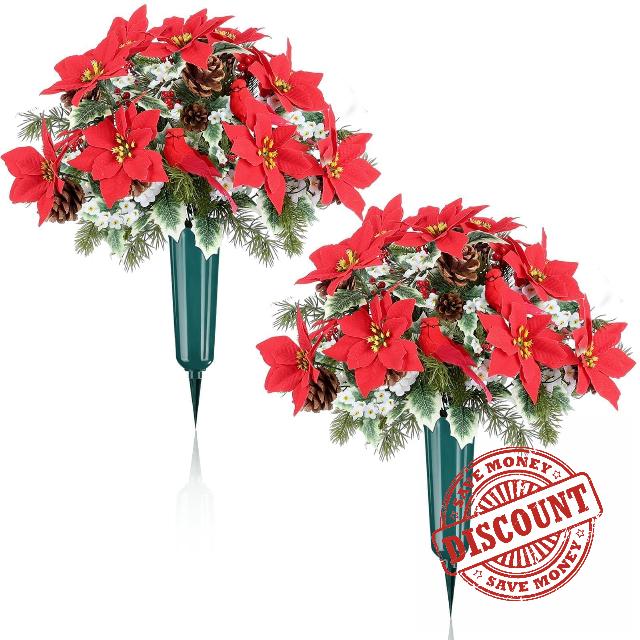 2 Set Artificial Cemetery Flowers with Grave Vase Bouquets Graveyard Memorial Flowers with Poinsettias Pine Cones Red Brids Berries Daisy for Pathway Yard Garden Lawn Walkway Headstones Decoratio