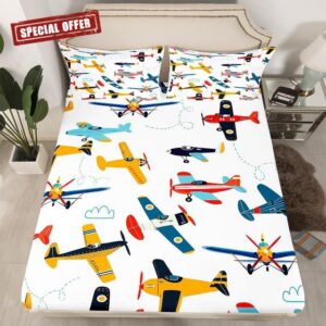 Erosebridal Airplane Fitted Sheet Full Size Cute Aircraft Bed Sheets Kids Boys Cartoon Bedding Set for Kids Boys Girls Women Clouds Red Blue Yellow Sheets