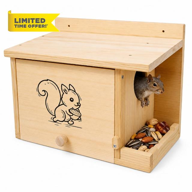 Wooden Squirrel House Feeder with Engraved Design