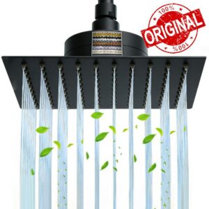 Rain Shower Head with Filter Filtered Rainfall Showerhead for Hard Water Reduces Chlorine and SUS304 Stainless Steel Heavy Metals Square 10 Inch Showerhead Matte Black