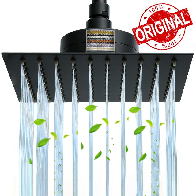 Rain Shower Head with Filter Filtered Rainfall Showerhead for Hard Water Reduces Chlorine and SUS304 Stainless Steel Heavy Metals Square 10 Inch Showerhead Matte Black