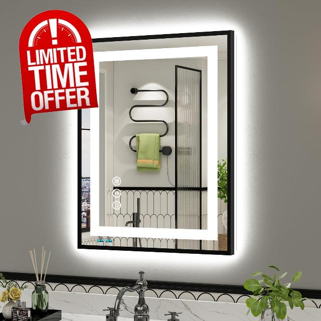 24x32 Inch LED Bathroom Mirror with Black Frame