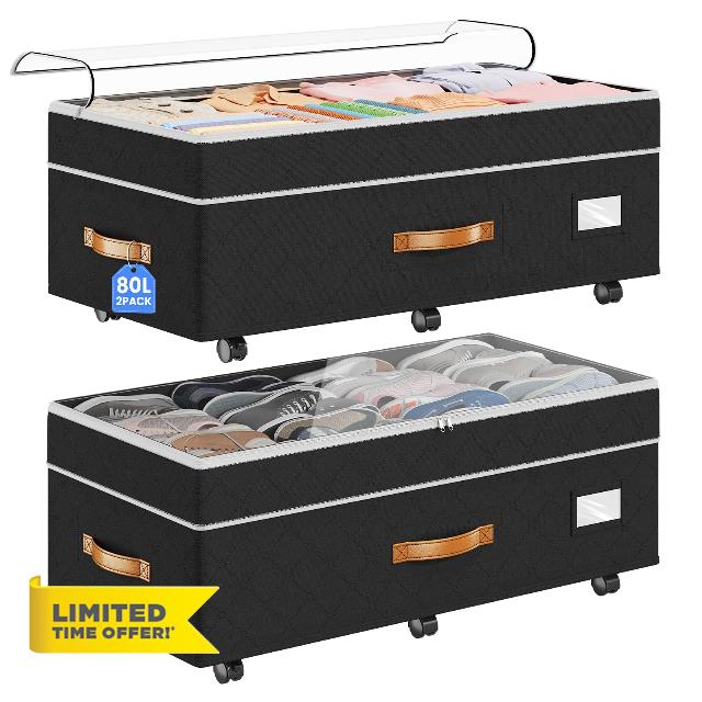 80L 2 Pack Adjustable Under Bed Storage with Wheels | Underbed containers with clear lids
