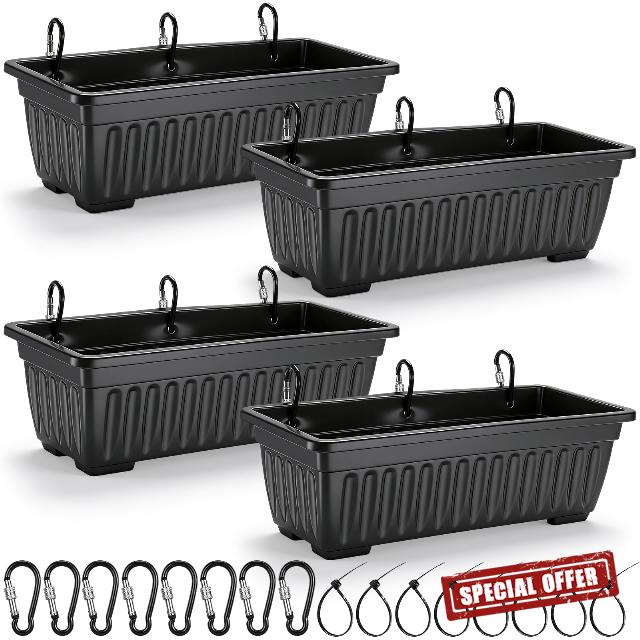 4 Pack 12 Quart Large Feed Trough Goat Horse Feeders Plastic Hanging Feeder with Clips and Nylon Cable Tie Water Trough Supplies Dog Horse Hog Pig Livestock Poultry for Large Animal Black