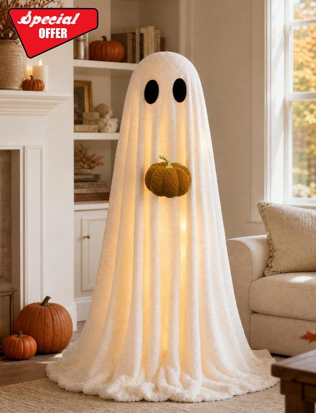 Halloween Decorations Indoor 3.6FT Light-Up Sherpa Ghost with Pumpkin | Light-up ghost