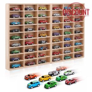 Wooden Wall Mount Display Case for 54 Hot Wheels & 1/64 Scale Model Cars - Collapsible Toy Car Storage Organizer Shelf