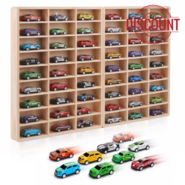 Wooden Wall Mount Display Case for 54 Hot Wheels & 1/64 Scale Model Cars - Collapsible Toy Car Storage Organizer Shelf