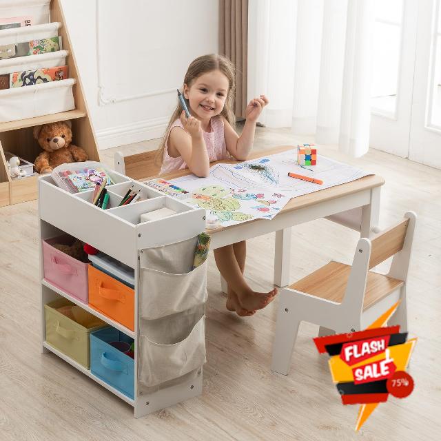 Kids Art Table and Chair Set with 2 Chair & Bins