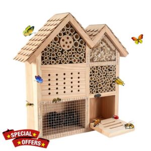 Large Wooden Insect Hotel for Outdoors - Waterproof Bee House & Butterfly Habitat with Bamboo Tubes and Pine Cones-Garden Insect for Mason Bees