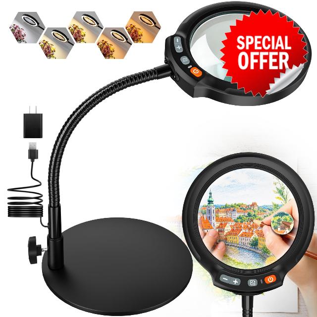 30X 10X Large Magnifying Glass with Light and Stand