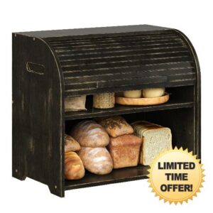 Trironsun Bamboo Roll Top Bread Box for Kitchen Countertop Large Capacity Bread Storage Bin 2 Layer Wooden Bread Storage Organizer Natural Breadbox for Food Storage (Antique Black)