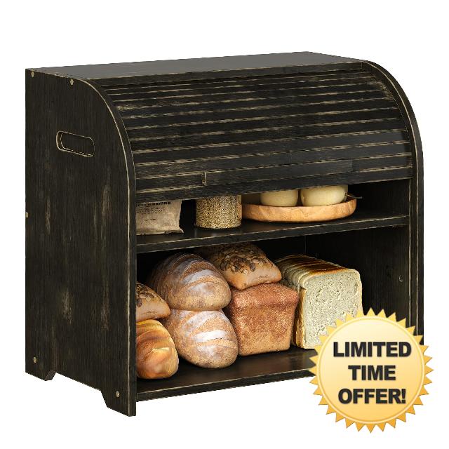Trironsun Bamboo Roll Top Bread Box for Kitchen Countertop Large Capacity Bread Storage Bin 2 Layer Wooden Bread Storage Organizer Natural Breadbox for Food Storage (Antique Black)