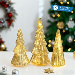 Glasseam Gold Christmas Centerpieces for Table: Set of 3 Mercury Glass Christmas Tree with Lights Tabletop Xmas Trees with Timer for Decorations Indoor Ornaments Fireplace Mantel Deco