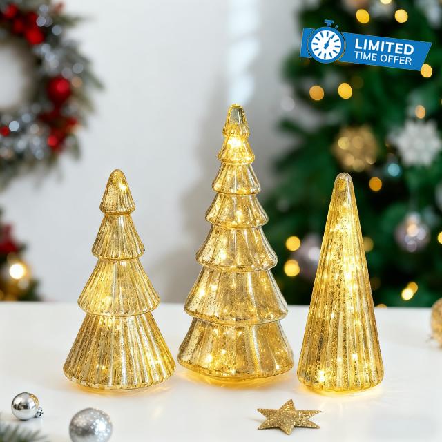 Glasseam Gold Christmas Centerpieces for Table: Set of 3 Mercury Glass Christmas Tree with Lights Tabletop Xmas Trees with Timer for Decorations Indoor Ornaments Fireplace Mantel Deco