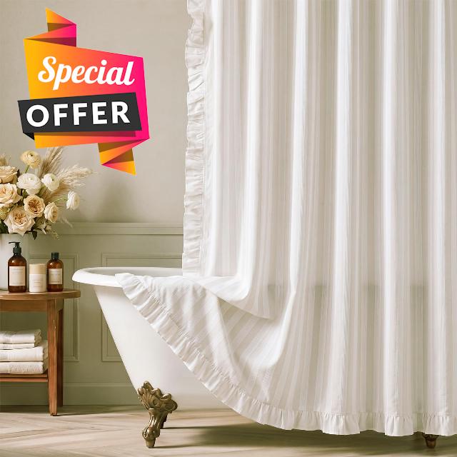 Beige Striped Shower Curtain with Ruffle Edge Cotton Fabric Vintage Shower Curtain 72x72 Inches Country Style Bath Decoration for Farmhouse Bathroom