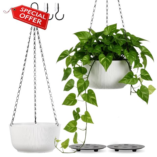 10 Inch White Hanging Planters for Outdoor Indoor Plants - Set of 2 | Self-Watering Hanging lant Pots with Internal Saucer