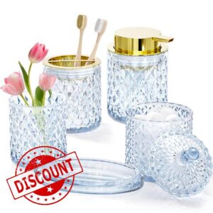 5-Piece Blue Glass Bathroom Accessories Set Vanity Counter Decor Organizer                                                          Foaming Soap Dispenser