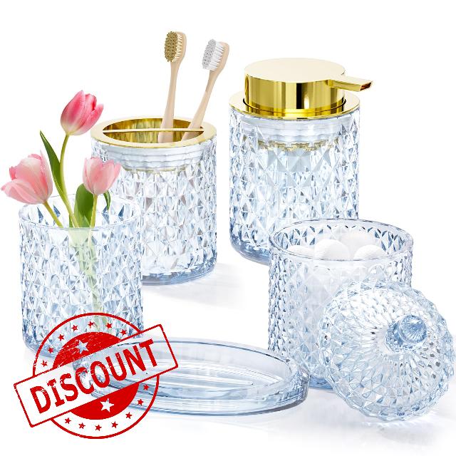 5-Piece Blue Glass Bathroom Accessories Set Vanity Counter Decor Organizer                                                          Foaming Soap Dispenser