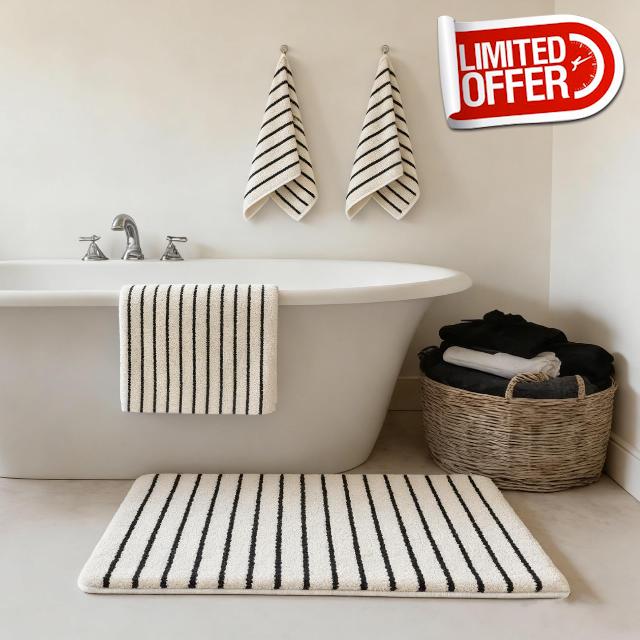 Whaline 4Pcs Black Beige Stripe Bathroom Rugs and Towels Non Slip Bath Mat Soft Absorbent Hand Towel for Home Bathroom Decoratio