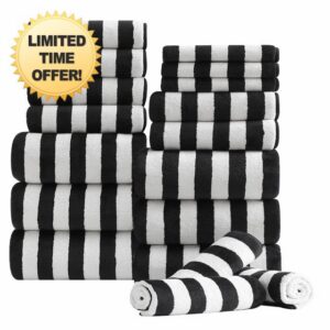18 Pcs Black White Cabana Stripe Bath Towel Set with Hanging Loop-6 Bath Towels