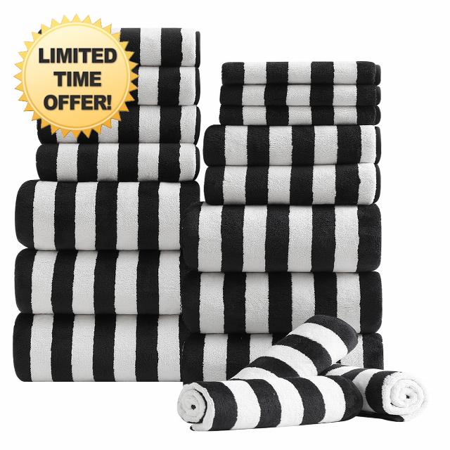 18 Pcs Black White Cabana Stripe Bath Towel Set with Hanging Loop-6 Bath Towels