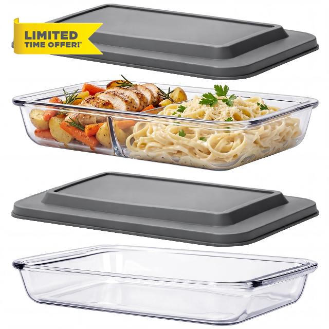 LemonRoad 2pcs 9x13 Inch Baking Dish with Lid 2 Quart Rectangular Glass Bakeware Set with Lids