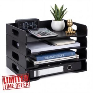 Wooden Stackable Paper Trays 4-tier Wooden Paper Organizer for Desk Letter Documents Woodens Desktop File Organizers for Desktop File Holder and Office Supplies Rack for Home Office Use (Black)