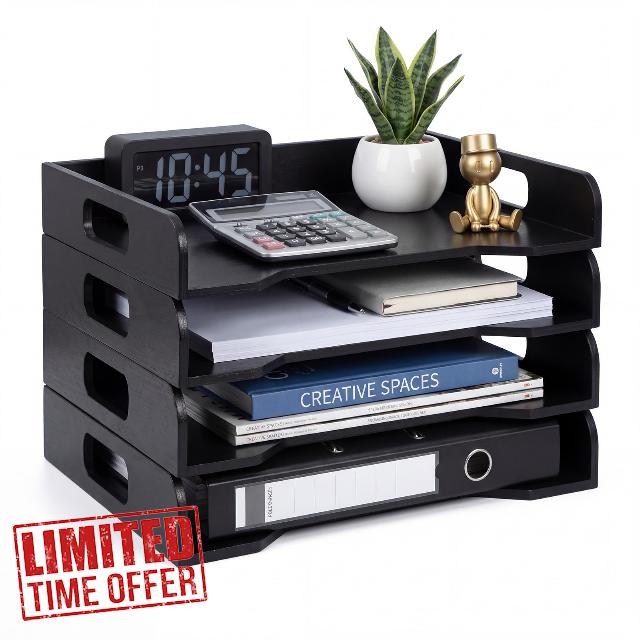 Wooden Stackable Paper Trays 4-tier Wooden Paper Organizer for Desk Letter Documents Woodens Desktop File Organizers for Desktop File Holder and Office Supplies Rack for Home Office Use (Black)