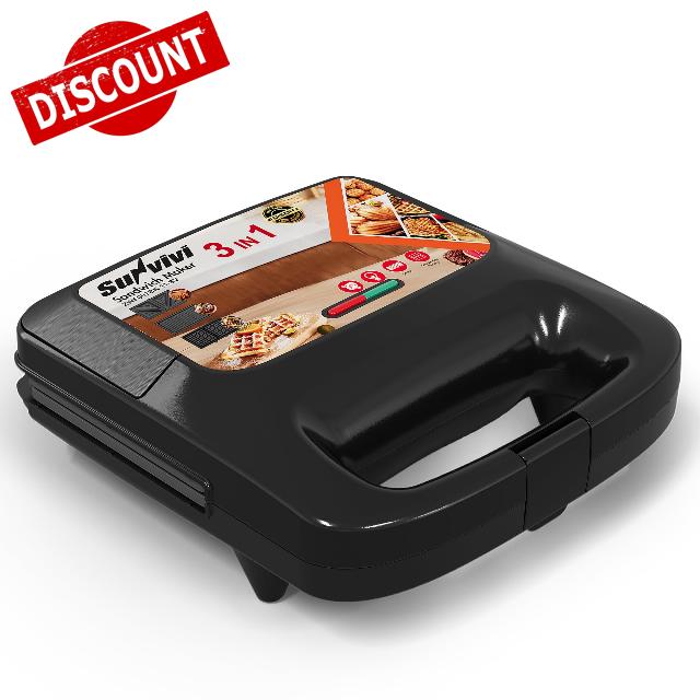 3 in 1 Electric Sandwich Maker with Removable Nonstick Plates - 800W