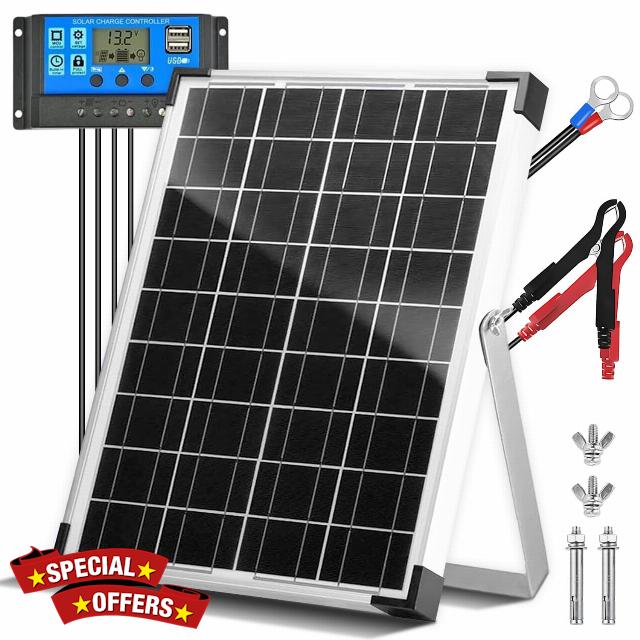 12V Solar Battery Charger 20W Solar Panel Kit | with 10A PWM Charge Controller + Adjustable Mount Bracket for Car