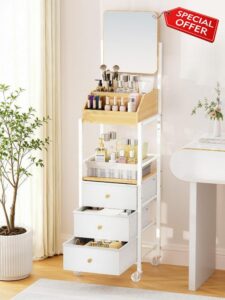 SWTYMIKI Makeup Organizer Cart with Mirror - Makeup Storage Vanity Cart with Non-Woven Drawers
