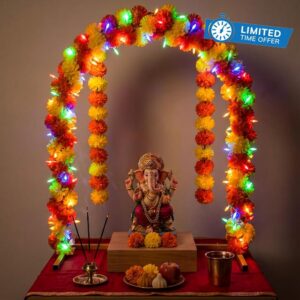 32''x23'' Ganpati Decoration Mandap Stand Kit with Marigold Garland & Light                                                          Gold Arch Pooja Backdrop Frame for Ganesh Chaturthi Decorations