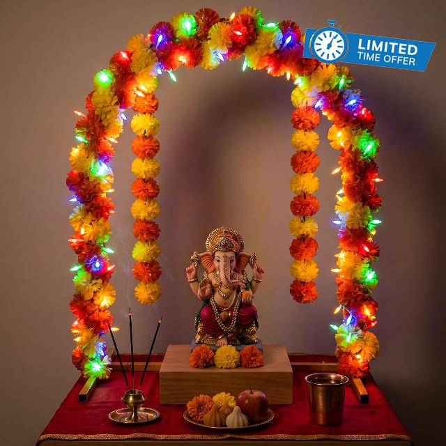 32''x23'' Ganpati Decoration Mandap Stand Kit with Marigold Garland & Light                                                          Gold Arch Pooja Backdrop Frame for Ganesh Chaturthi Decorations