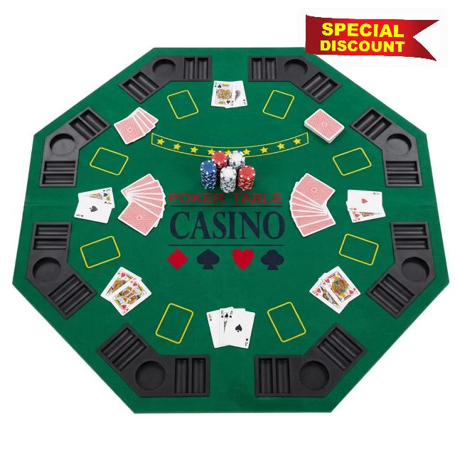 48 Inch Octagon Folding Poker Table Top with Cup Holders & Chip Trays | Portable 4-Fold Card Tabletop for Home Game Nights