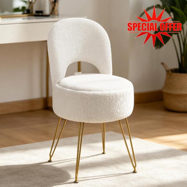 LITZFUR Round Vanity Stool with Storage & Folding Back