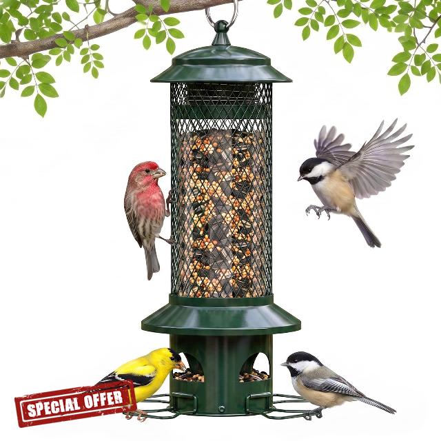 Squirrel Proof Bird Feeders for Outdoors - 4 Port Hanging Metal Bird Feeder with Gravity Spring