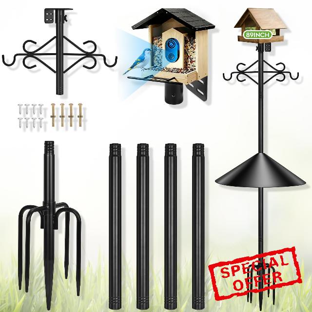 Gbekery 89 inch Double Hooks Heavy Duty Bird Feeder Pole with Squirrel Baffle for Outdoors