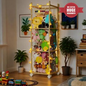 Stuffed Animal Storage Zoo with Wheels and Twinkling Bee String Lights