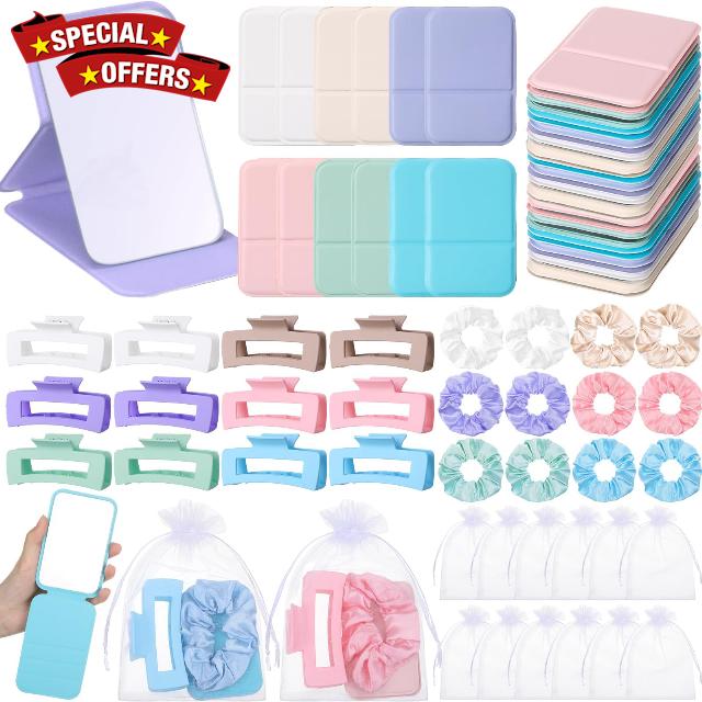 Unittype 48 Pcs Teen Girls Party Favor Gift Set - Foldable Compact Mirrors Hair Claw Clips Scrunchies Organza Bags for Women Spa Sleepover Birthday Party Back to School Bridesmaid Gift (Macaron)
