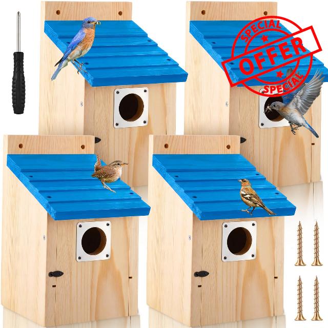 Dreyoo 4 Pack Bluebird Houses for Outside with Metal Predator Guard