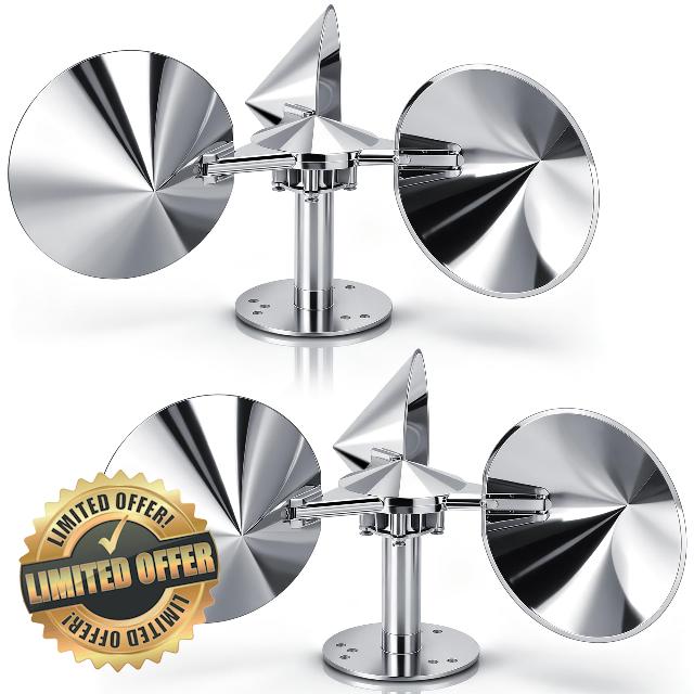 2 Pack Short Reflective Bird Deterrent Spinners with Upgraded Metal Base                                                          360° wind-powered aluminum reflectors for roofs
