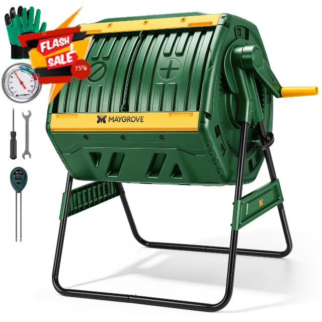MAYGROVE Outdoor Compost Bin 53 Gallon Dual Chamber Composting Tumbler 360° Rotating