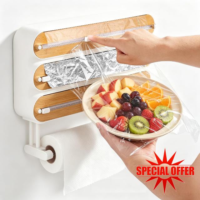 4-in-1 Wrap Dispenser with Cutter – Magnetic Kitchen Organizer                                                          4-in-1 storage for wrap/foil/parchment/paper towel